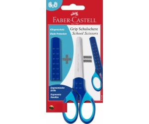 Šķēres Faber-Castell Grip, ar aizsargvāciņu, zilas