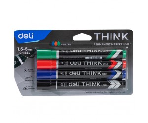 Permanentu marķieru komplekts Deli U101, 1.5-5mm, nošķelts, 4 krāsas Permanentu marķieru komplekts Deli U101, 1.5-5mm, nošķelts, 4 krāsas