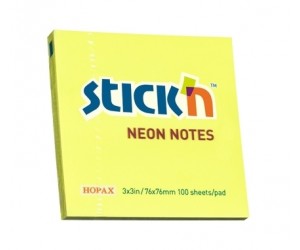 Līmlapiņas StickN 21133, 76x76mm, 100 lapas, neona dzeltenas Līmlapiņas StickN 21133, 76x76mm, 100 lapas, neona dzeltenas