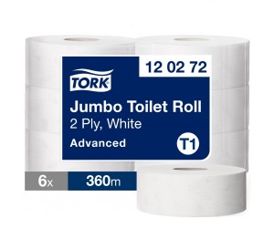 Tualetes papīrs Tork 120272 Advanced Jumbo T1, balts, 2 slāņi, 360 m, 1800 lapas, 6 ruļļi Tualetes papīrs Tork 120272 Advanced Jumbo T1, balts, 2 slāņi, 360 m, 1800 lapas, 6 ruļļi